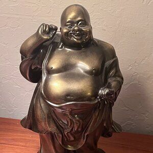 12" Laughing Buddha Standing Black Copper Resin Statue Figurine